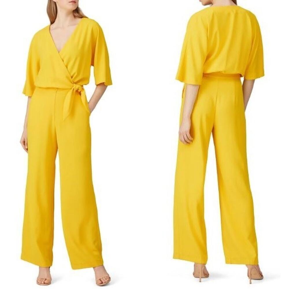 Trina Turk Wide Leg Tie Waist Crepe Lined Kai Jumpsuit Yellow Women's Size 10